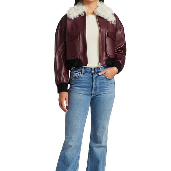 KHAITE Larissa Shearling-Collar Leather Bomber Jacket Bordeaux Wine - Picture 12 of 12